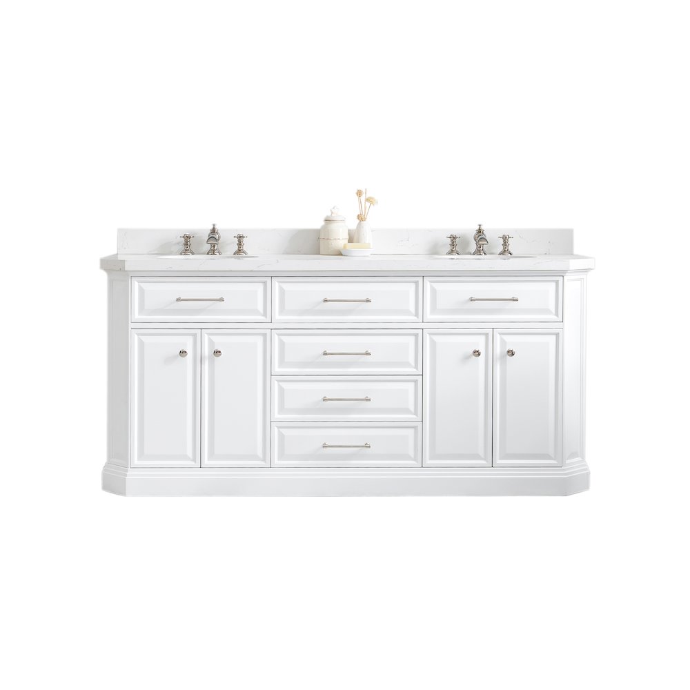 Palace 72 In. Double Sink Carrara Quartz Countertop Bath Vanity in Pure White. Picture 1