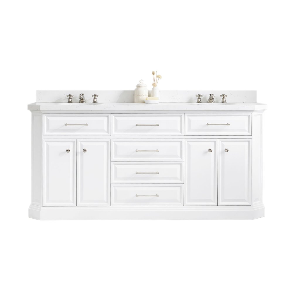 Palace 72 In. Double Sink Carrara Quartz Countertop Bath Vanity in Pure White. Picture 1