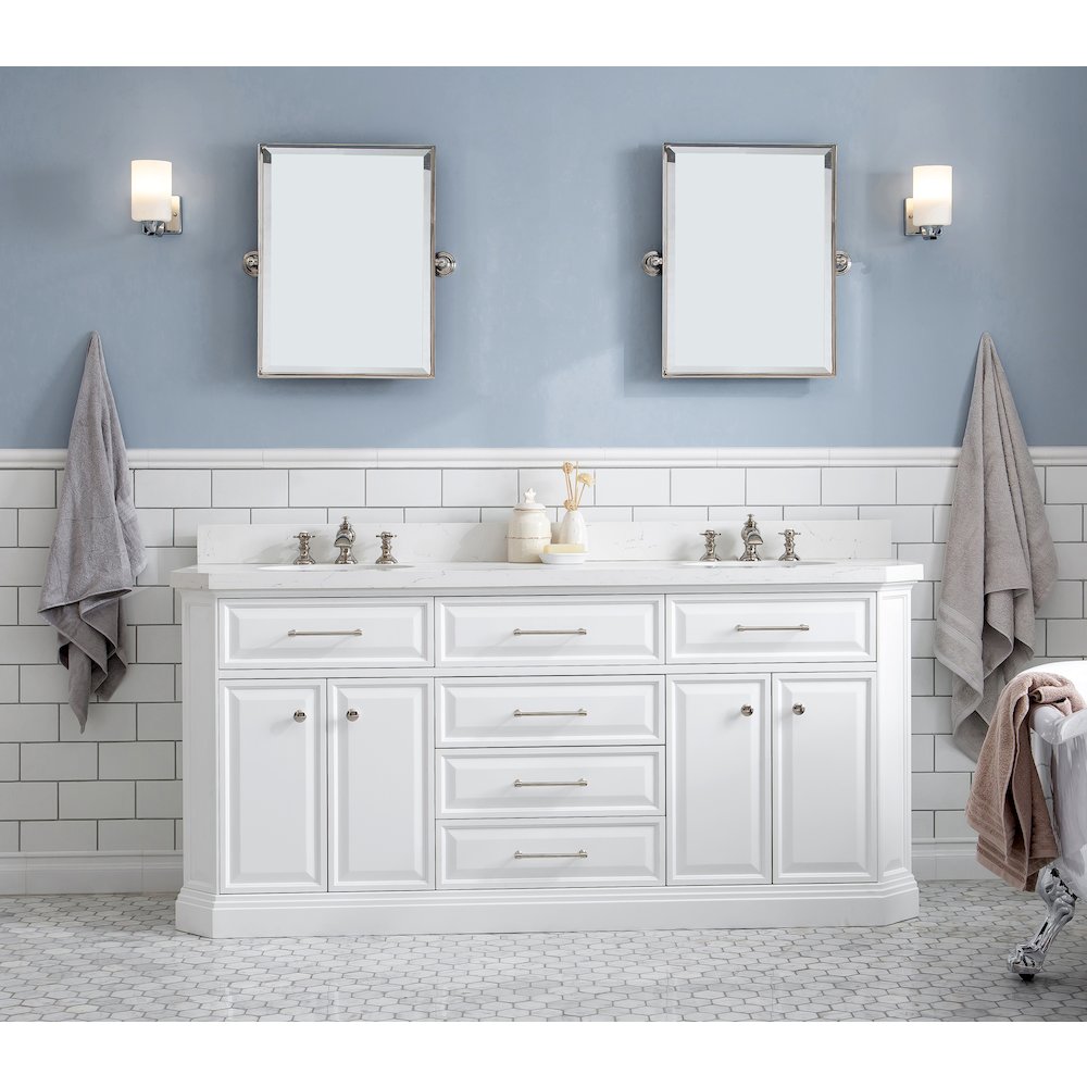 Palace 72 In. Double Sink Carrara Quartz Countertop Bath Vanity in Pure White. Picture 2