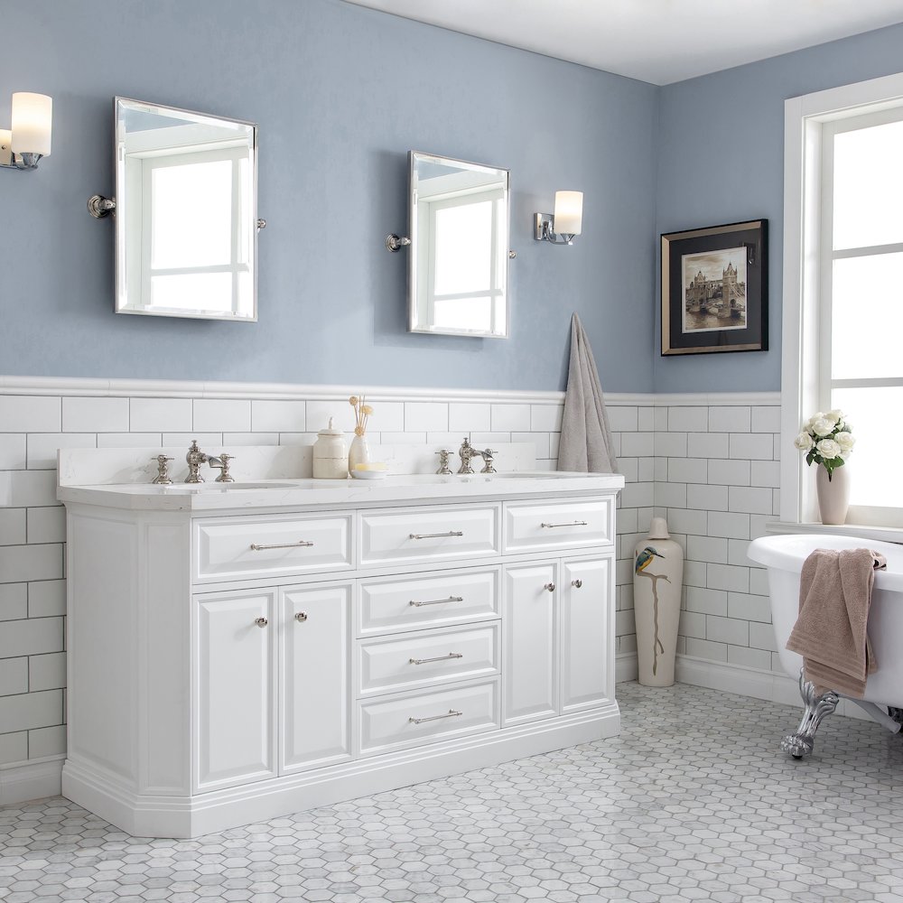 Palace 72 In. Double Sink Carrara Quartz Countertop Bath Vanity in Pure White. Picture 3