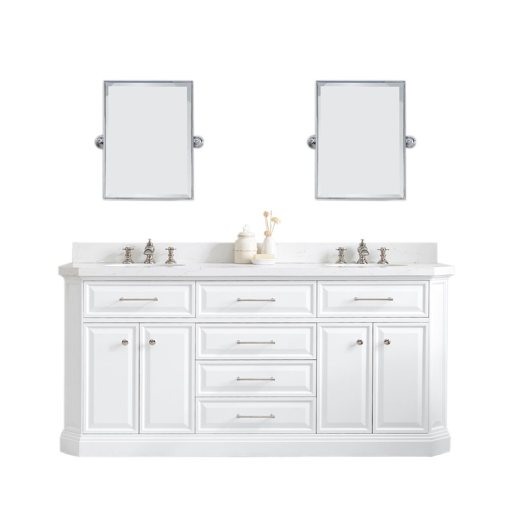 Palace 72 In. Double Sink Carrara Quartz Countertop Bath Vanity in Pure White. Picture 1