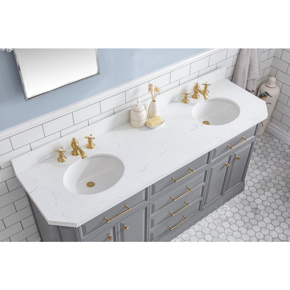 Palace 72 In. Double Sink Carrara Quartz Countertop Bath Vanity in Cashmere Grey. Picture 5