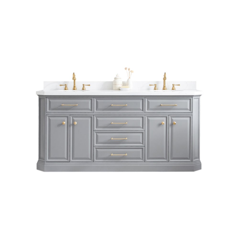 Palace 72 In. Double Sink Carrara Quartz Countertop Bath Vanity in Cashmere Grey. Picture 1