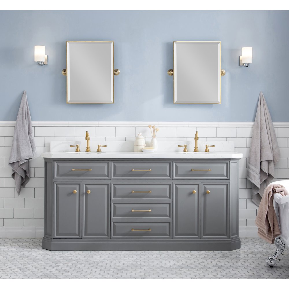Palace 72 In. Double Sink Carrara Quartz Countertop Bath Vanity in Cashmere Grey. Picture 2