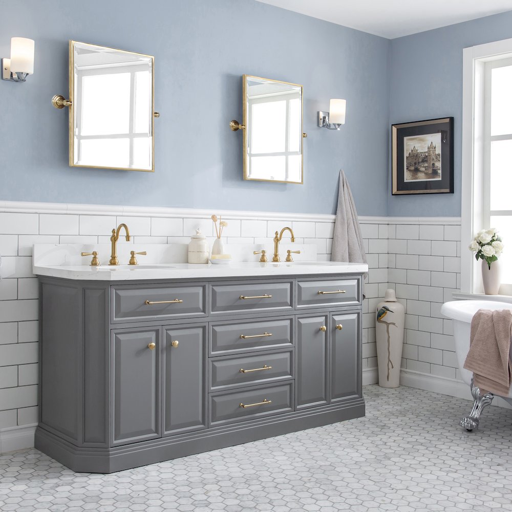Palace 72 In. Double Sink Carrara Quartz Countertop Bath Vanity in Cashmere Grey. Picture 3