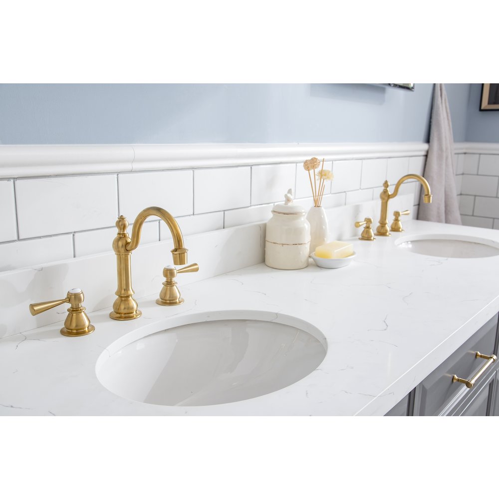 Palace 72 In. Double Sink Carrara Quartz Countertop Bath Vanity in Cashmere Grey. Picture 6