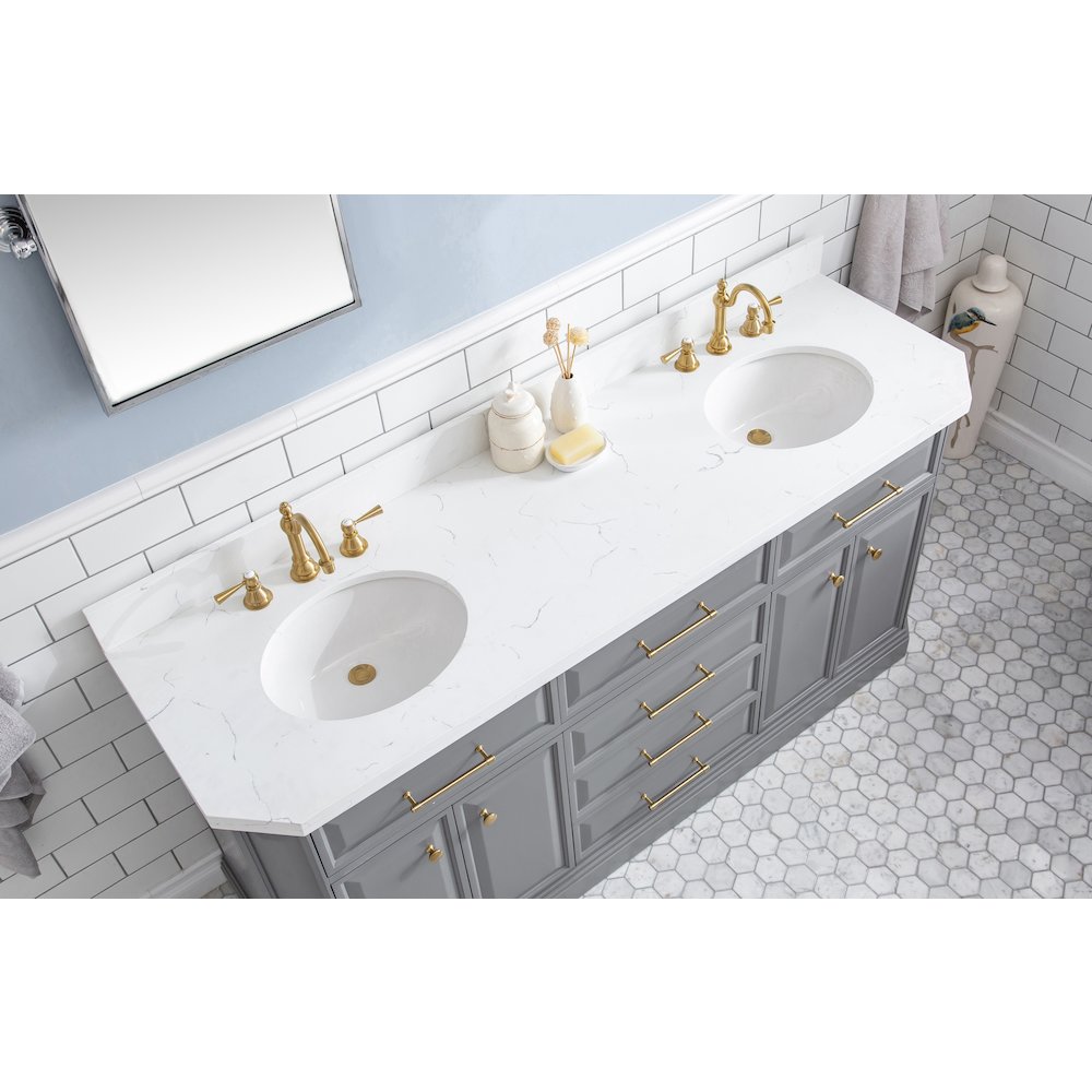 Palace 72 In. Double Sink Carrara Quartz Countertop Bath Vanity in Cashmere Grey. Picture 5