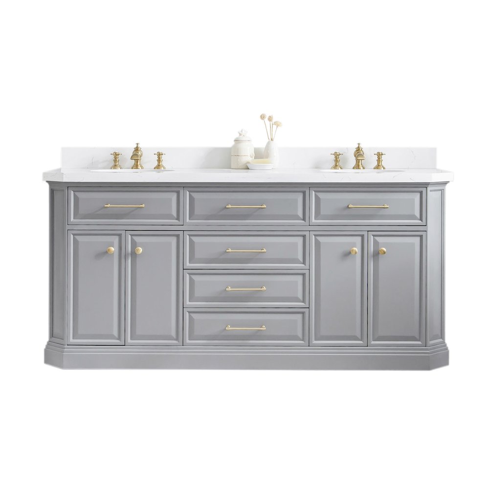 Palace 72 In. Double Sink Carrara Quartz Countertop Bath Vanity in Cashmere Grey. Picture 1