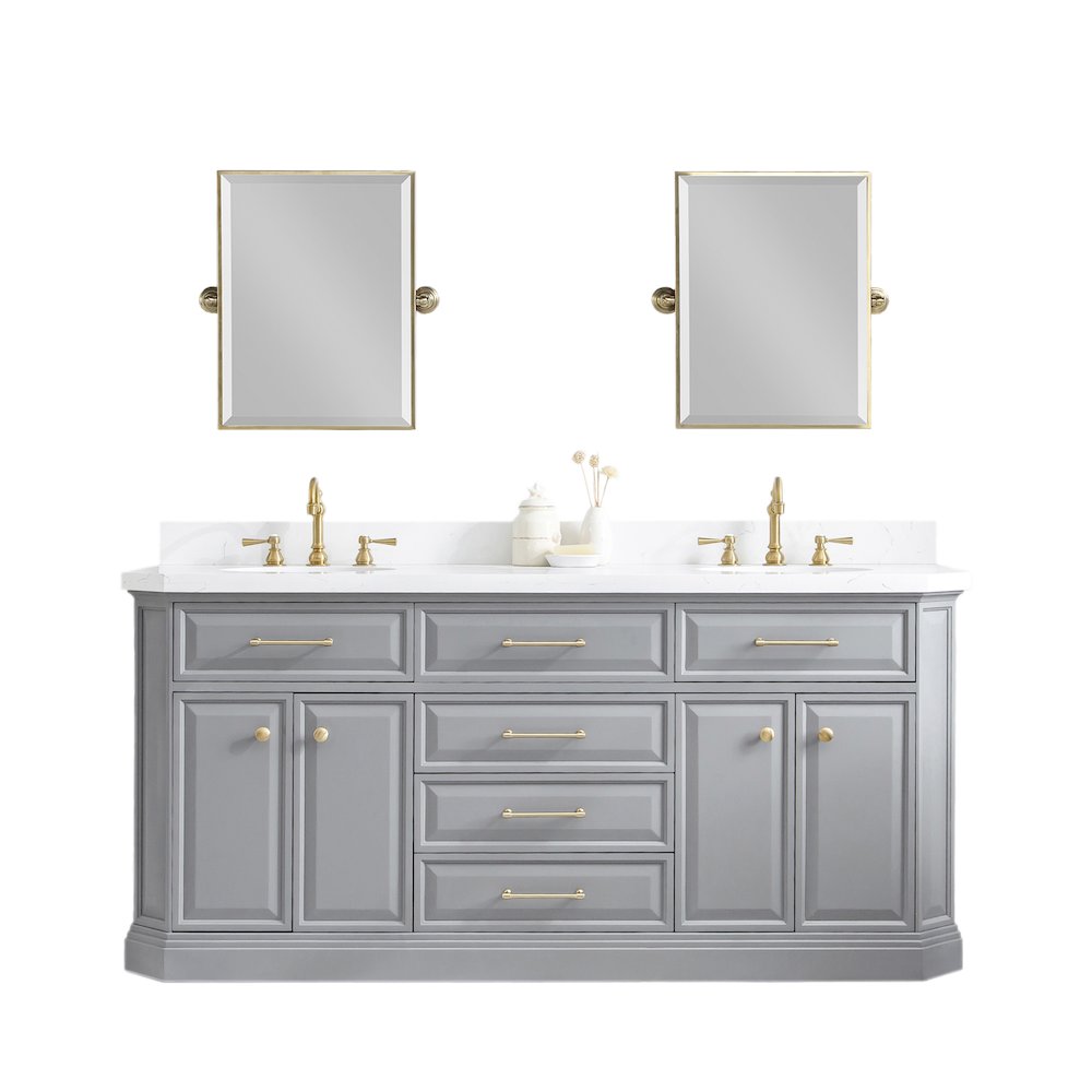 Palace 72 In. Double Sink Carrara Quartz Countertop Bath Vanity in Cashmere Grey. Picture 1
