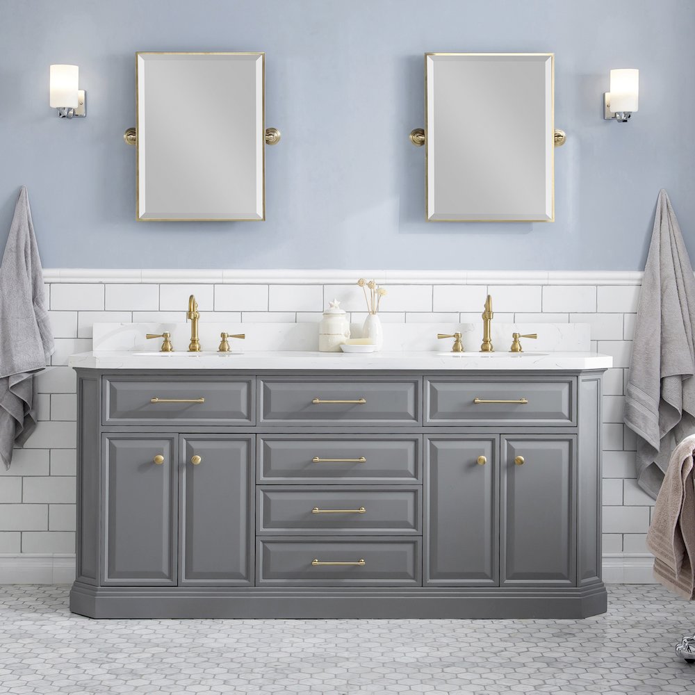 Palace 72 In. Double Sink Carrara Quartz Countertop Bath Vanity in Cashmere Grey. Picture 2