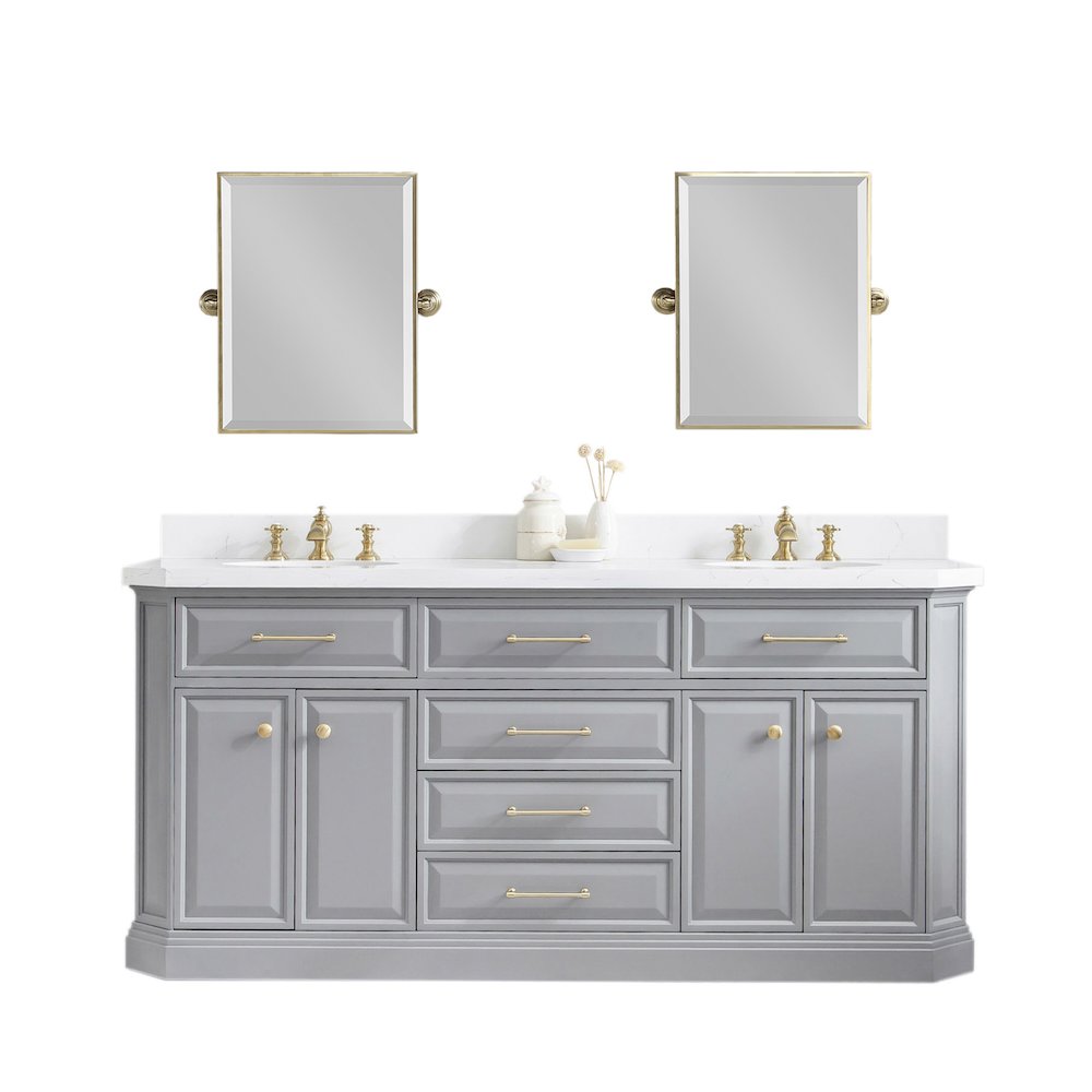 Palace 72 In. Double Sink Carrara Quartz Countertop Bath Vanity in Cashmere Grey. Picture 1