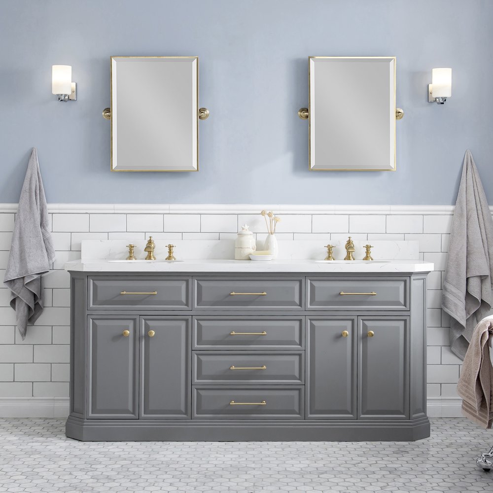 Palace 72 In. Double Sink Carrara Quartz Countertop Bath Vanity in Cashmere Grey. Picture 2