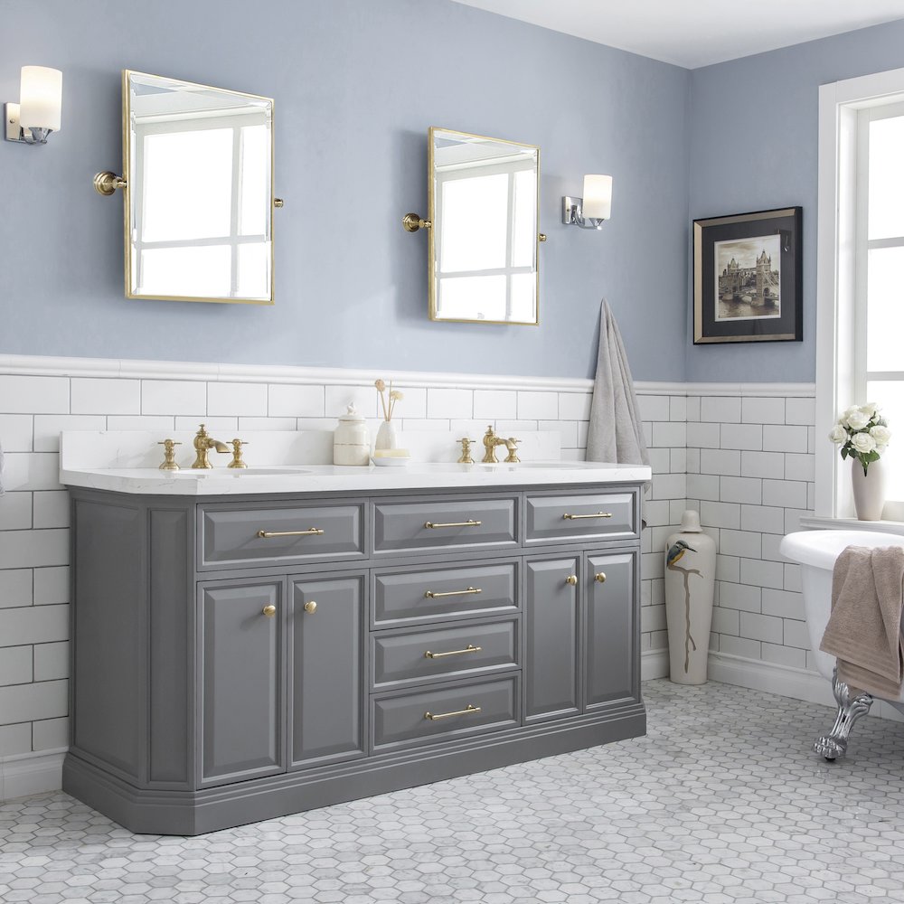 Palace 72 In. Double Sink Carrara Quartz Countertop Bath Vanity in Cashmere Grey. Picture 3