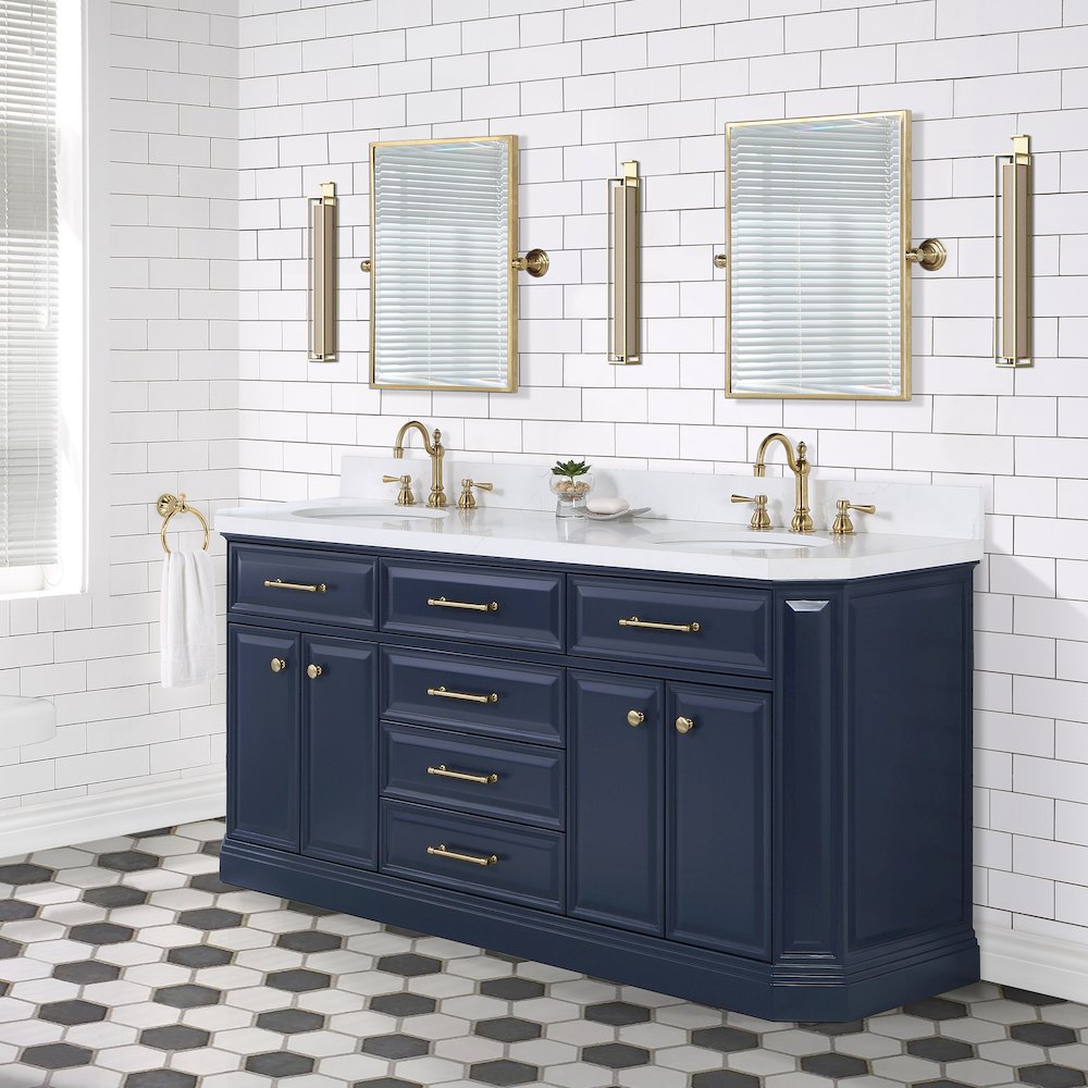 Palace 72 In. Double Sink Carrara Quartz Countertop Bath Vanity in Monarch Blue. Picture 3