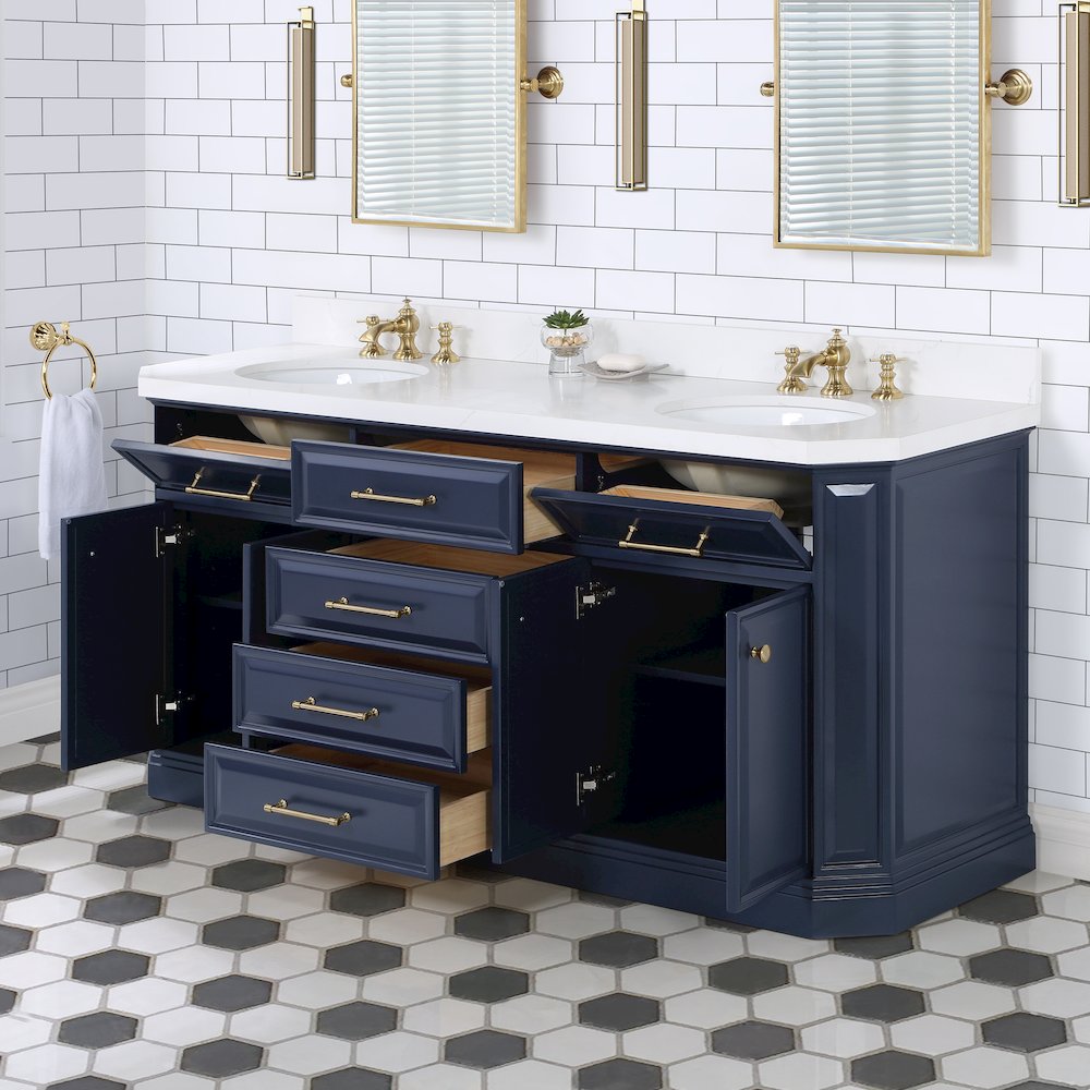 Palace 72 In. Double Sink Carrara Quartz Countertop Bath Vanity in Monarch Blue. Picture 4
