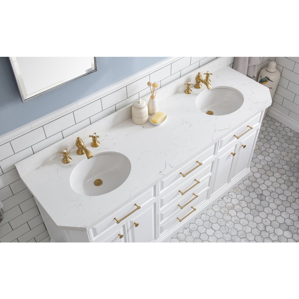 Palace 72 In. Double Sink Carrara Quartz Countertop Bath Vanity in Pure White. Picture 5