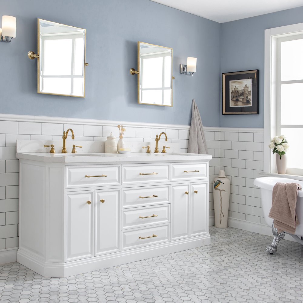 Palace 72 In. Double Sink Carrara Quartz Countertop Bath Vanity in Pure White. Picture 3