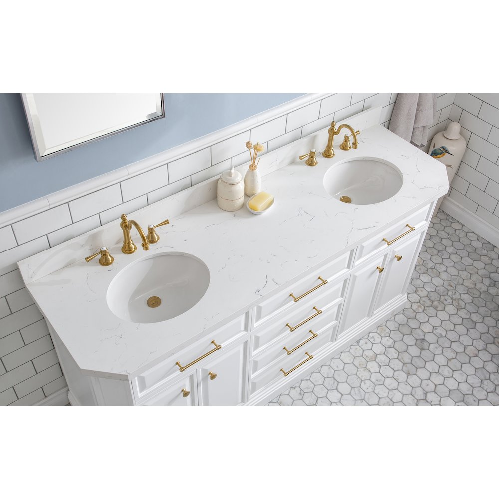 Palace 72 In. Double Sink Carrara Quartz Countertop Bath Vanity in Pure White. Picture 5