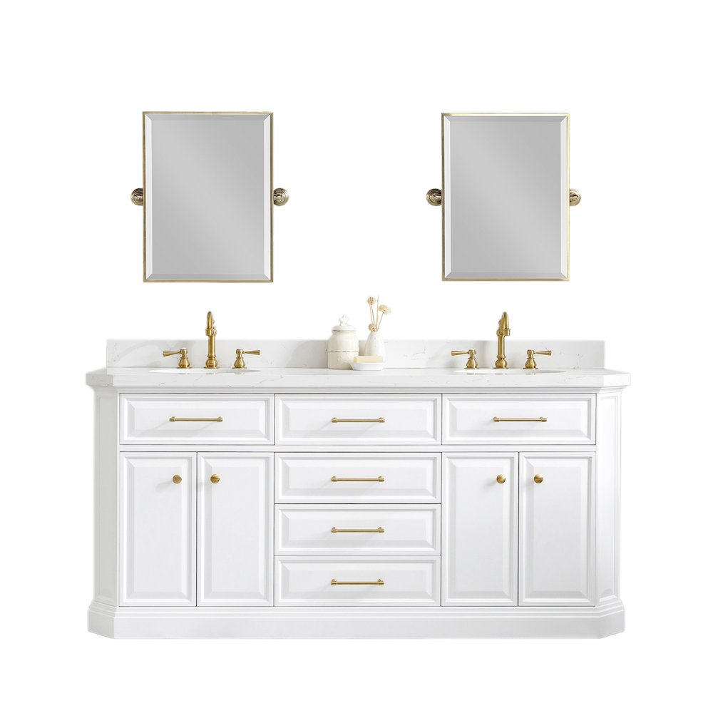 Palace 72 In. Double Sink Carrara Quartz Countertop Bath Vanity in Pure White. Picture 1