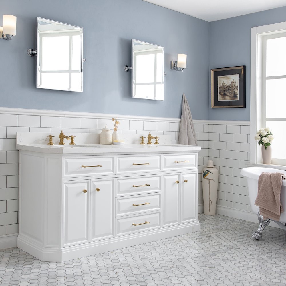 Palace 72 In. Double Sink Carrara Quartz Countertop Bath Vanity in Pure White. Picture 3
