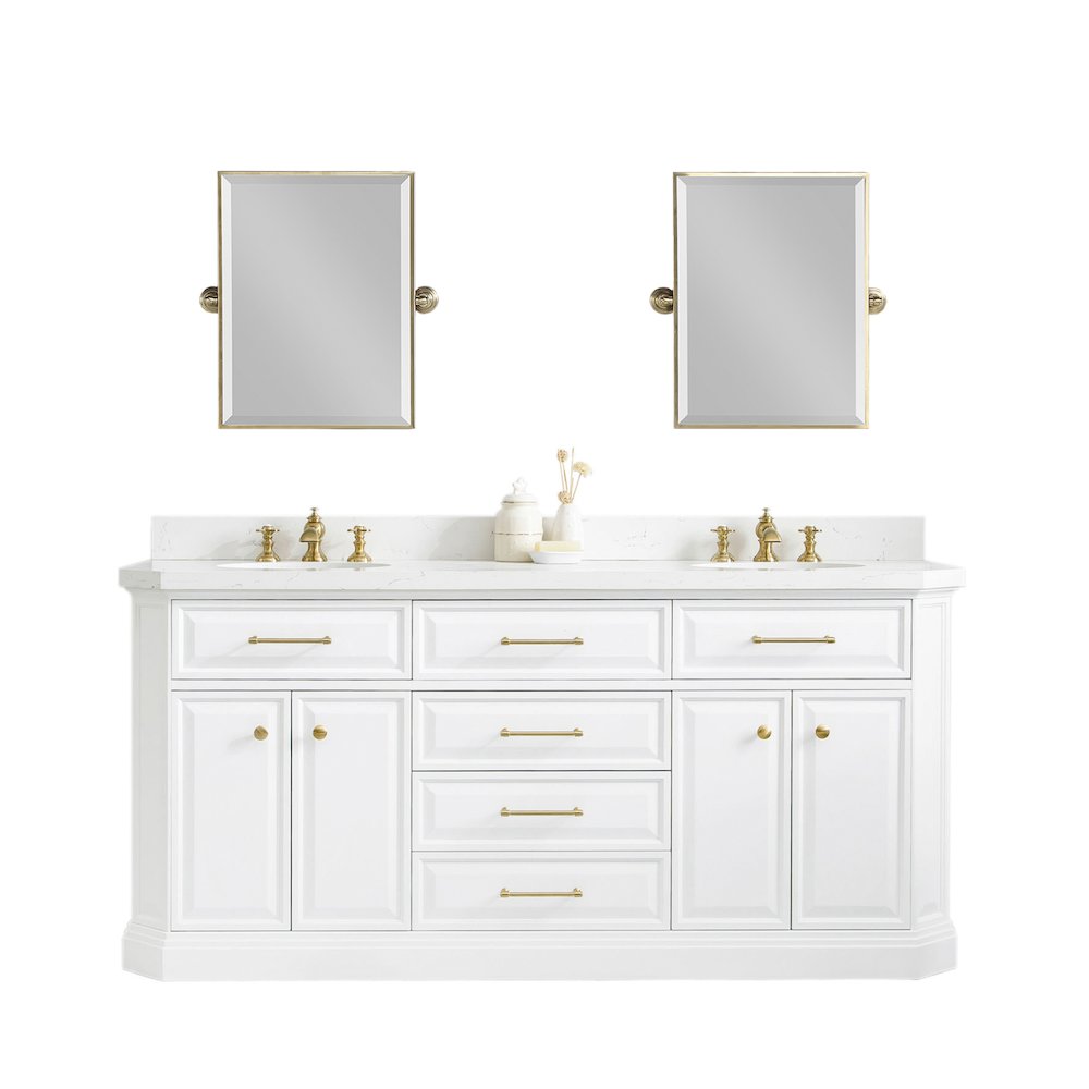 Palace 72 In. Double Sink Carrara Quartz Countertop Bath Vanity in Pure White. Picture 1