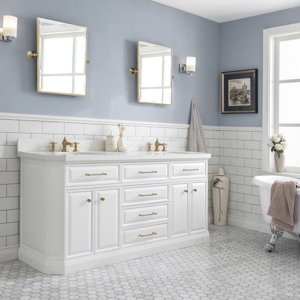 Palace 72 In. Double Sink Carrara Quartz Countertop Bath Vanity in Pure White. Picture 3