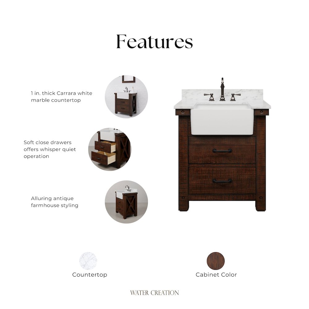 Paisley 30 In. Single Sink Carrara White Marble Countertop Bath Vanity. Picture 11