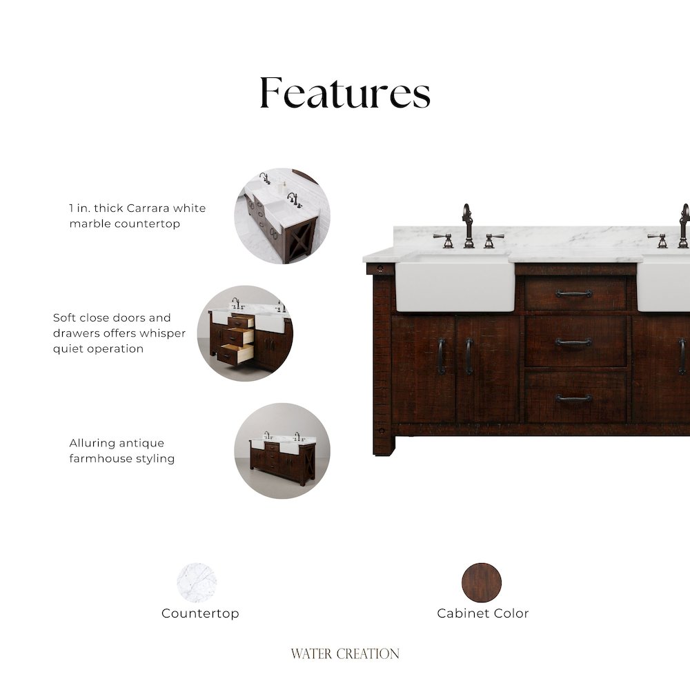 Paisley 72 In. Double Sink Carrara White Marble Countertop Bath Vanity. Picture 13