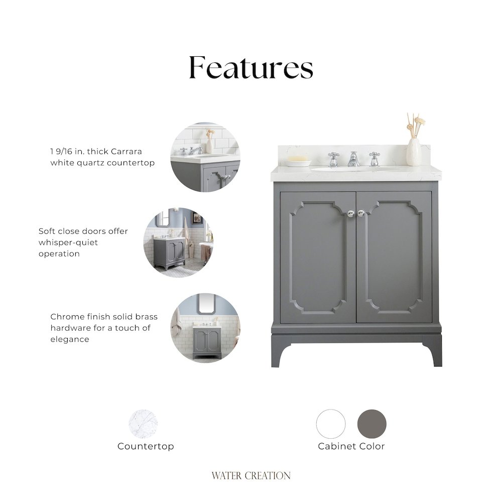 Queen 30 In. Single Sink Sink Carrara Quartz Countertop Bath Vanity. Picture 6