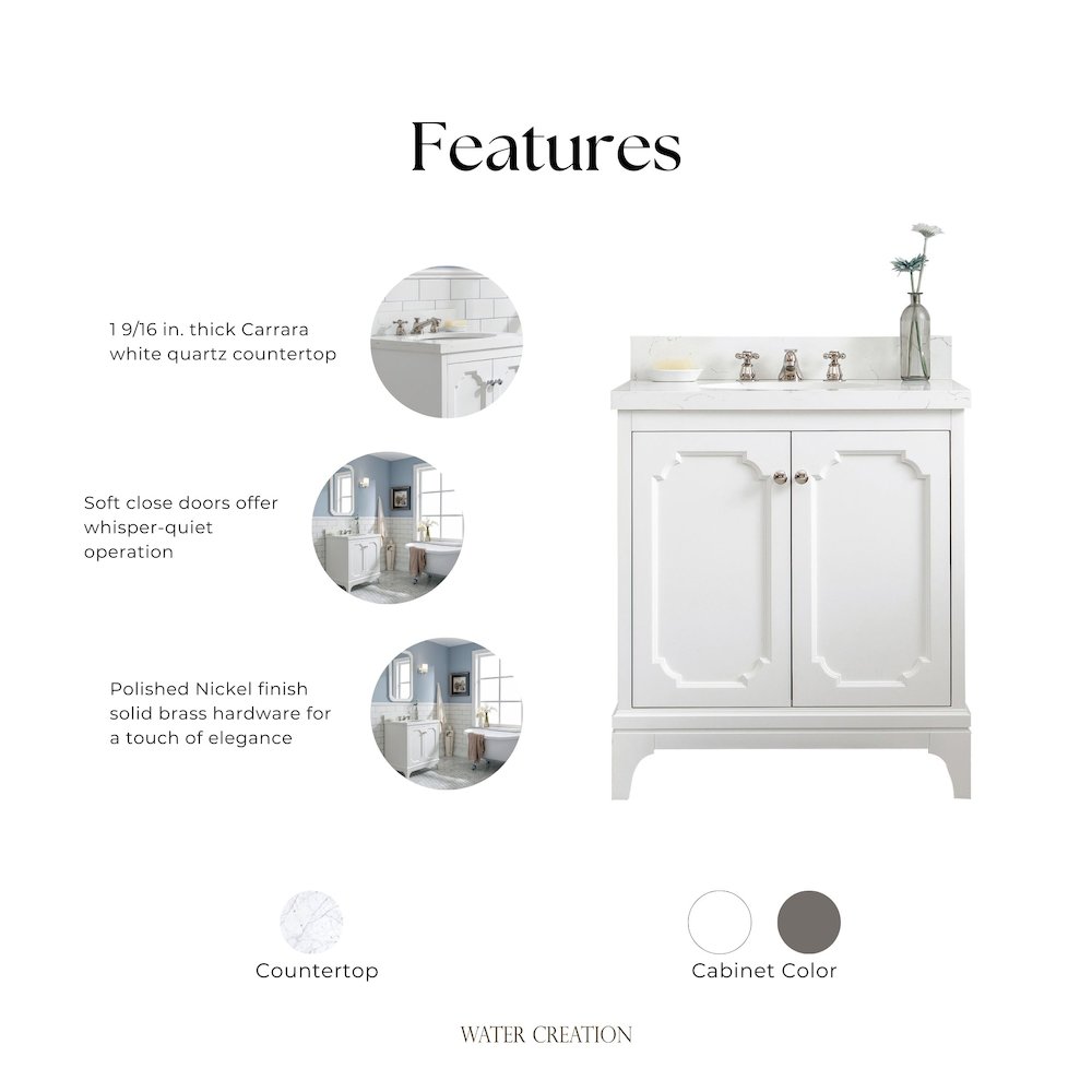 Queen 30 In. Single Sink Sink Carrara Quartz Countertop Bath Vanity. Picture 6