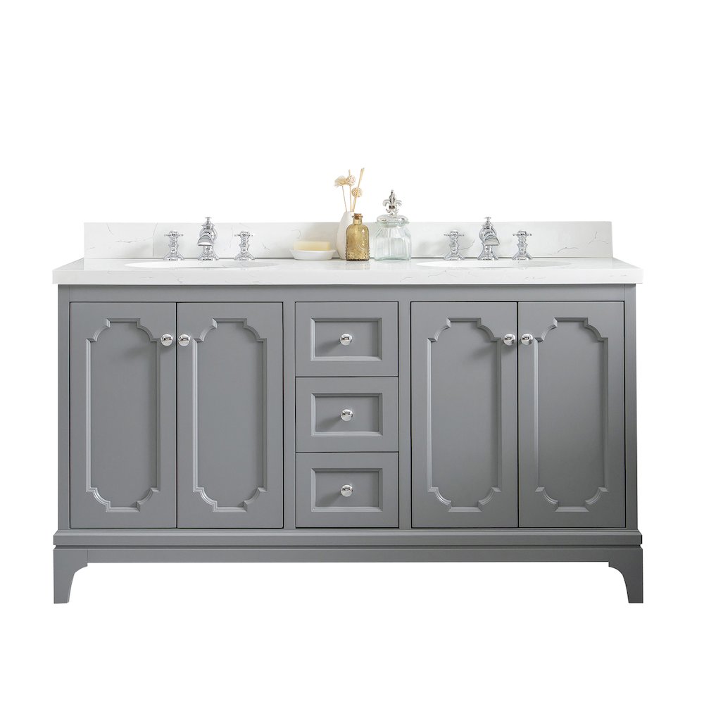 Queen 60 In. Double Sink Sink Carrara Quartz Countertop Bath Vanity. Picture 1
