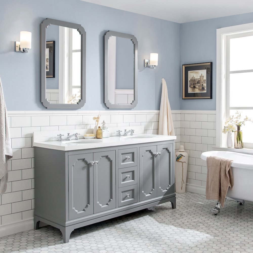 Queen 60 In. Double Sink Sink Carrara Quartz Countertop Bath Vanity. Picture 3