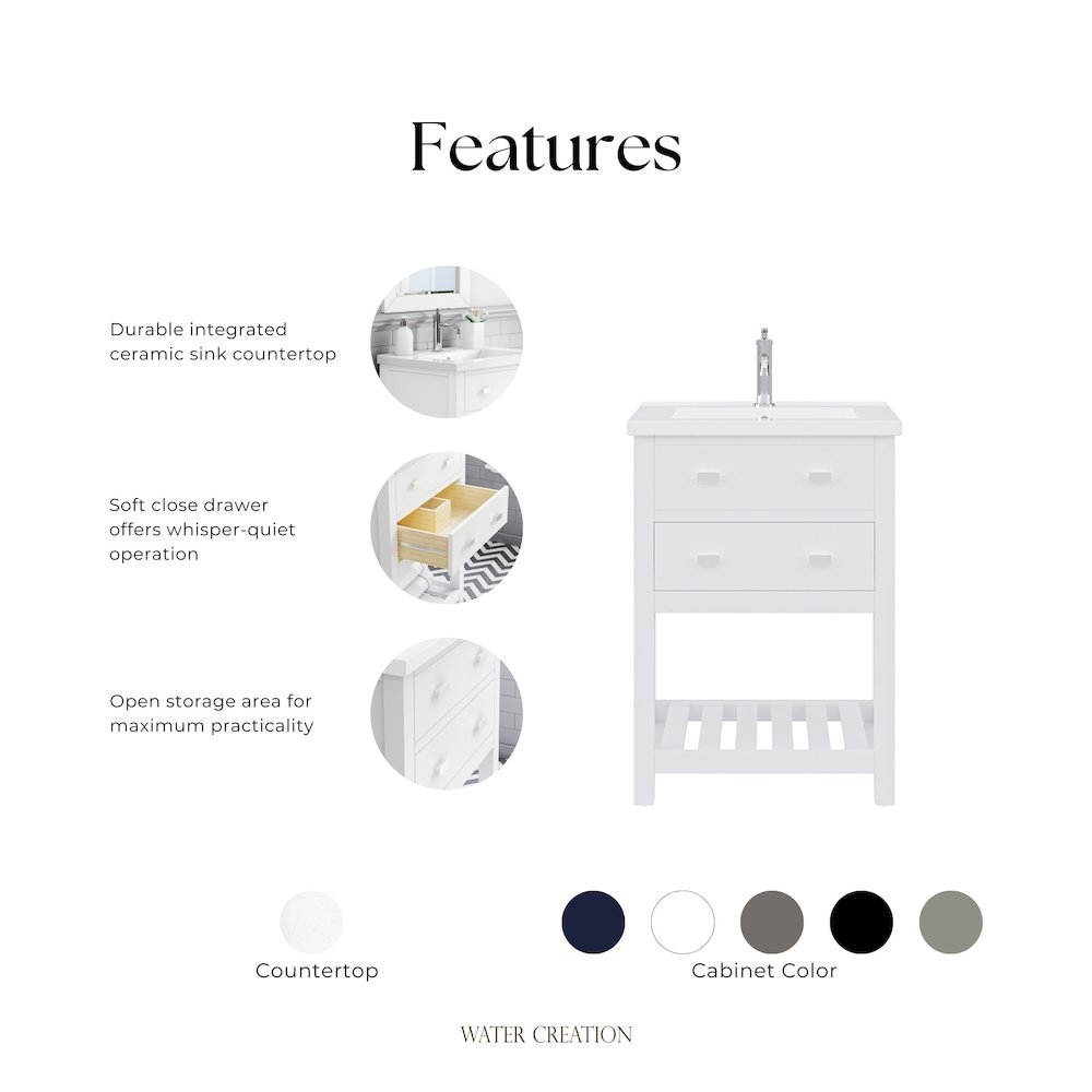 Viola 24 In. Integrated Ceramic Sink Top Vanity in Pure White. Picture 8