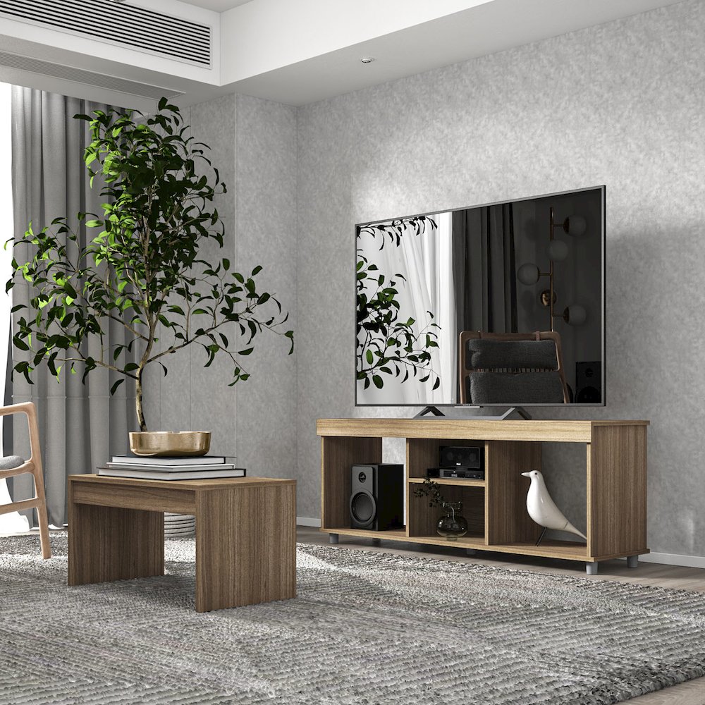 Polifurniture 2 Piece Living Room Set with TV Stand and Coffee Table, Walnut. Picture 2