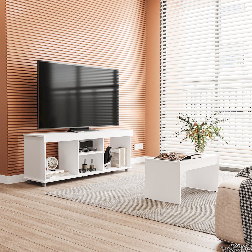 Polifurniture 2 Piece Living Room with TV Stand and Coffee Table, White. Picture 3
