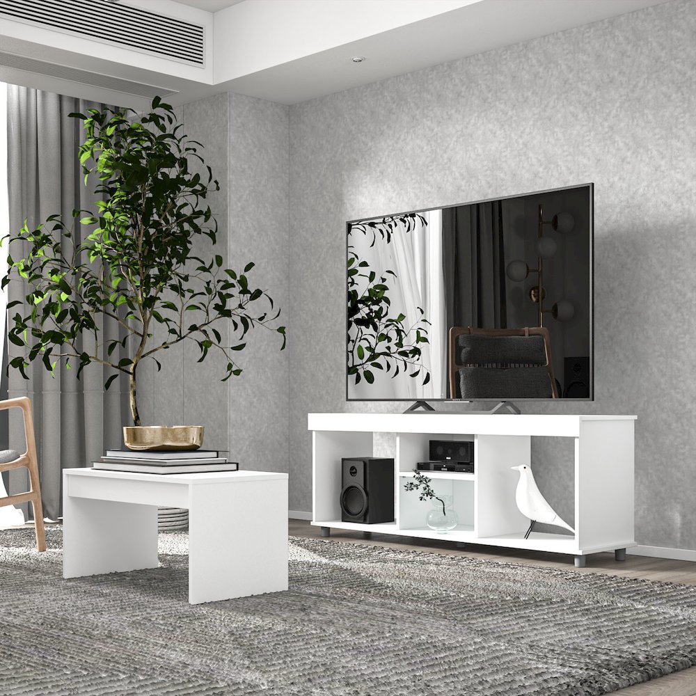 Polifurniture 2 Piece Living Room with TV Stand and Coffee Table, White. Picture 2