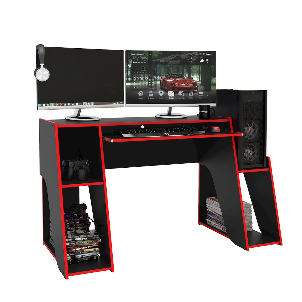 57.5 in.  Gaming Computer Desk with Keyboard Tray and Storage Shelves. Picture 3