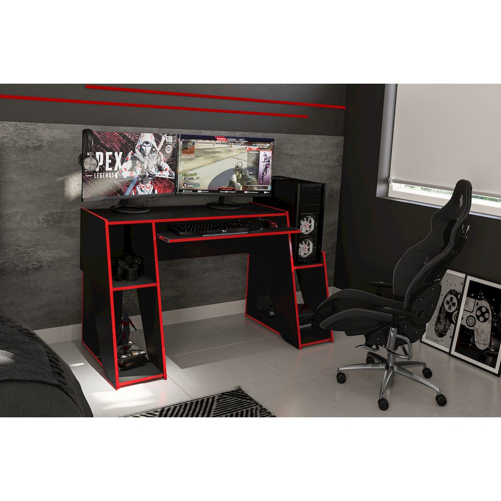 57.5 in.  Gaming Computer Desk with Keyboard Tray and Storage Shelves. Picture 7