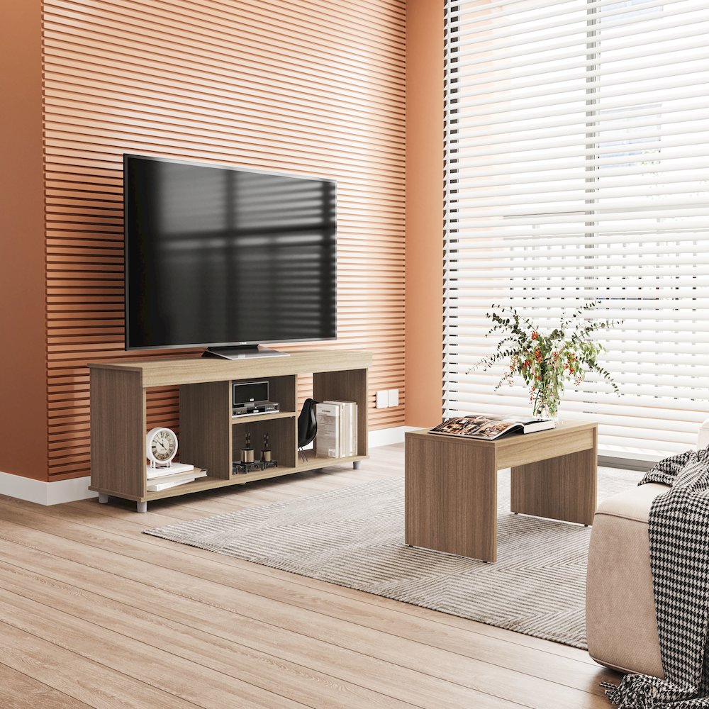 Polifurniture 2 Piece Living Room Set with TV Stand and Coffee Table, Walnut. Picture 3