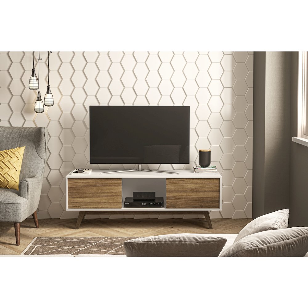 Polifurniture Porto Rico Tv Stand for TVs up to 65", White & Walnut. Picture 4