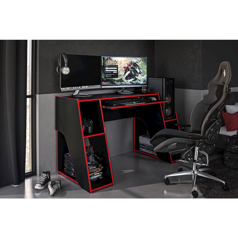 57.5 in.  Gaming Computer Desk with Keyboard Tray and Storage Shelves. Picture 6
