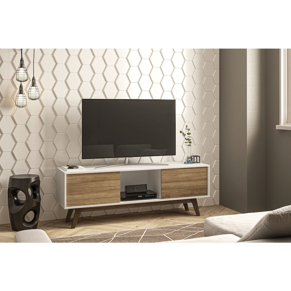 Polifurniture Porto Rico Tv Stand for TVs up to 65", White & Walnut. Picture 3