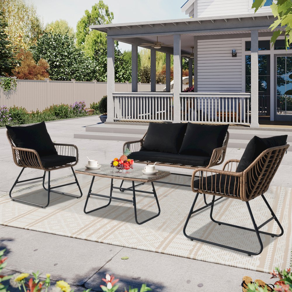 4-Piece Wicker Patio Conversation Set with Cushions - Outdoor Seating for 4. Picture 8