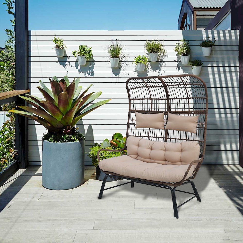 Outdoor Wicker Loveseat with Cushions & Ottoman - Patio Conversation Set for 2. Picture 3