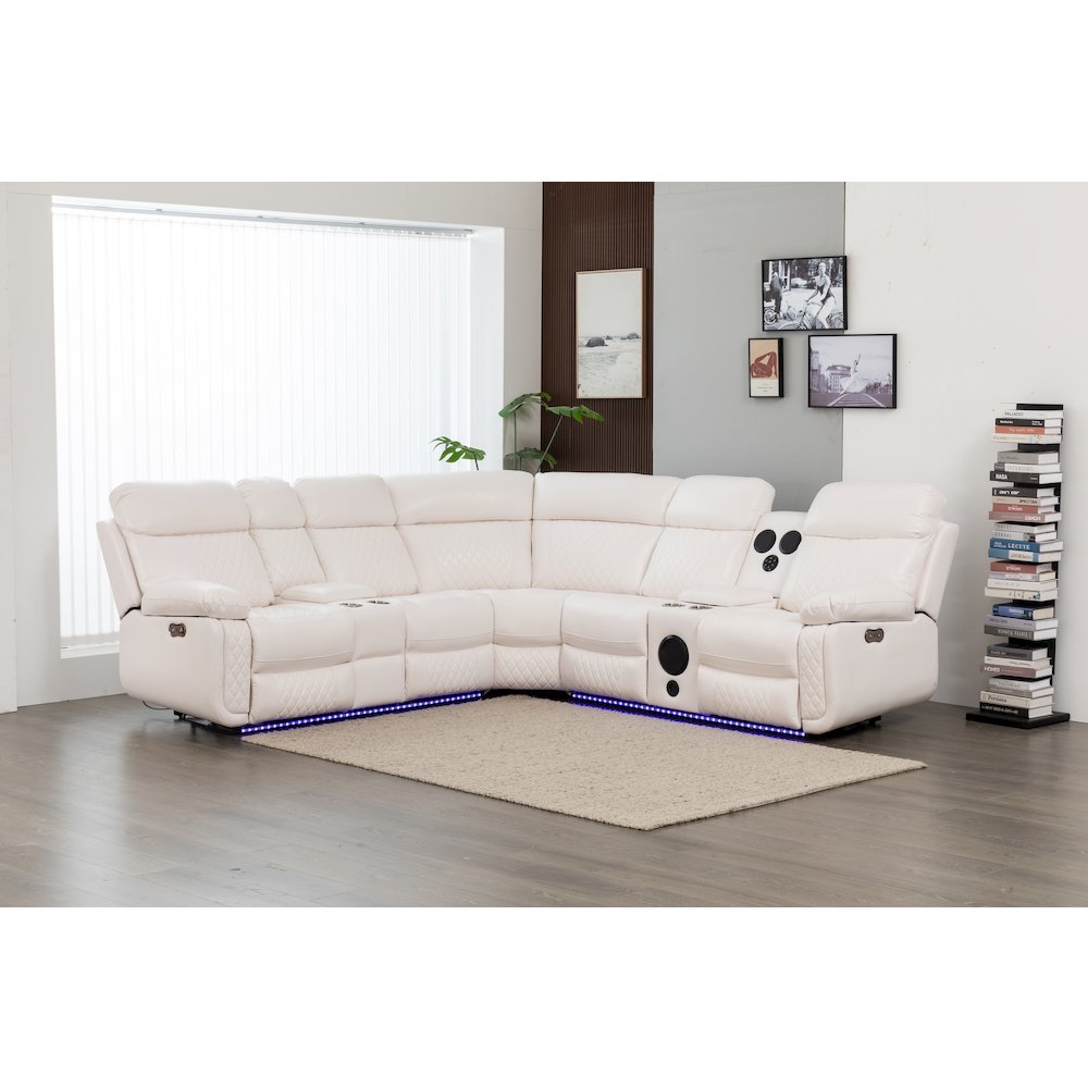 Hathrone Faux Leather Power Reclining Sectional LED USB and SubWoofer In White. Picture 1
