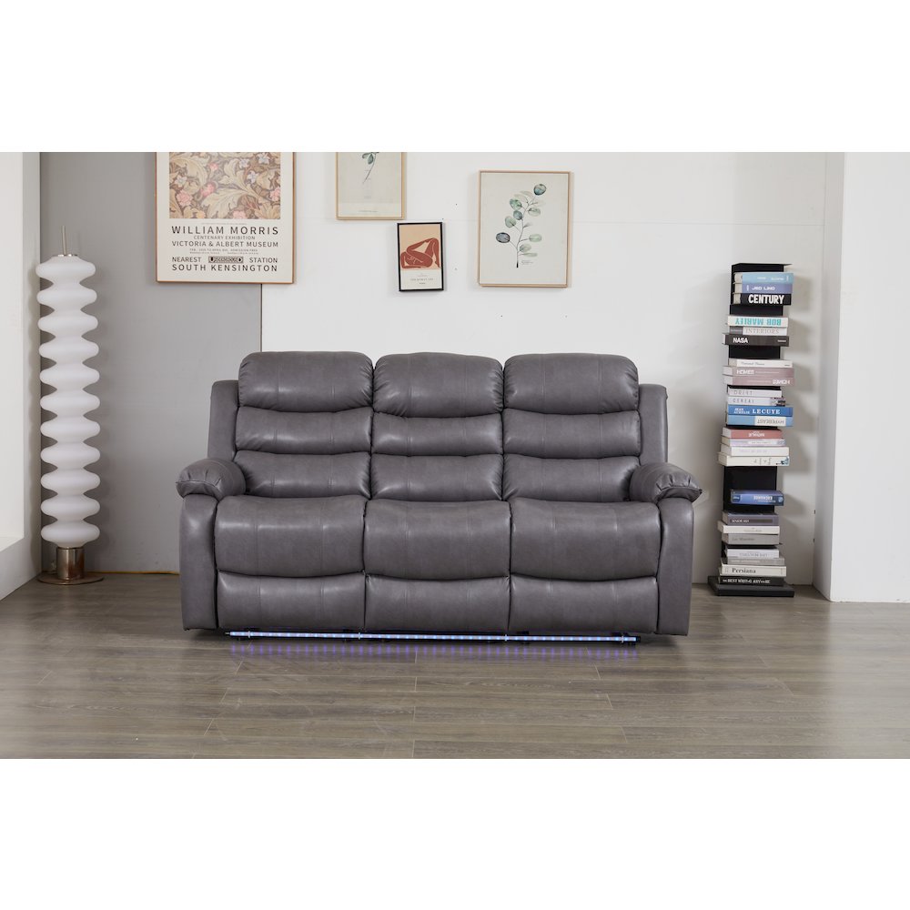 Faux Leather Manual Reclining Sofa with LED Lights With Drop Down Table. Picture 1