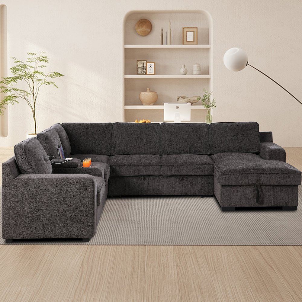 U-Shaped Upholstered Sectional with Sleeper Sofa, Console with USB & Chaise. Picture 1