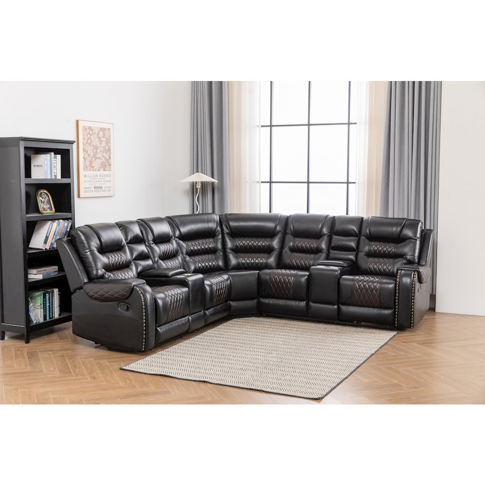 Ilia Two Tone Faux Leather Power Reclining Sectional with Console  & Cup Holder. Picture 3