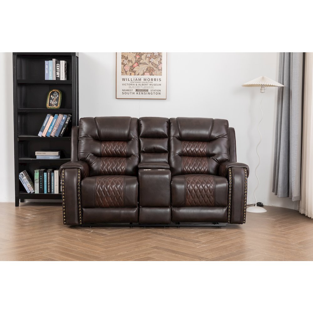Ilyiano Two Tone Faux Leather Livingroom Reclining Loveseat In Brown. Picture 2