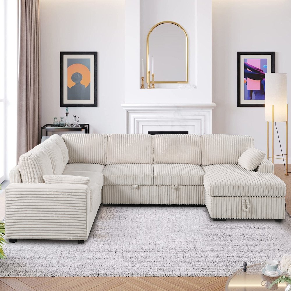 Oversized Upholstered Corduroy Sleeper Sectional Sofa With Storage Chaise. Picture 2
